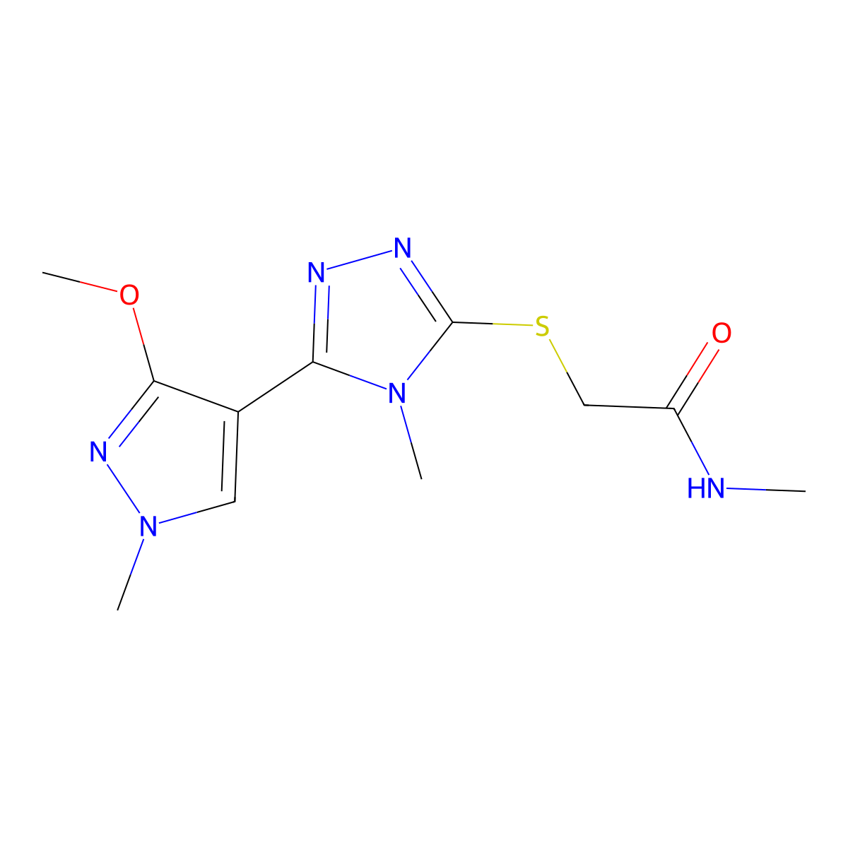 2-((5-(3-methoxy-1-methyl-1H-pyrazol-4-yl)-4-methyl-4H-1,2,4-triazol-3-yl)thio)-N-methylacetamide molecular structure, CAS 1014074-74-8