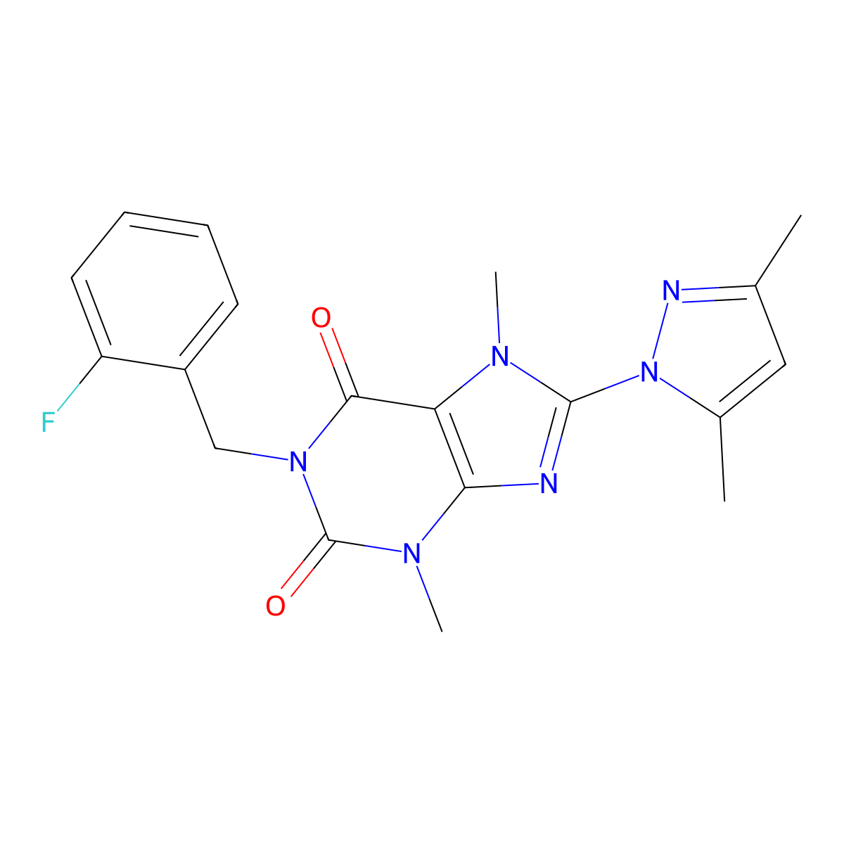 8-(3,5-dimethyl-1H-pyrazol-1-yl)-1-(2-fluorobenzyl)-3,7-dimethyl-1H-purine-2,6(3H,7H)-dione molecular structure, CAS 1014074-77-1
