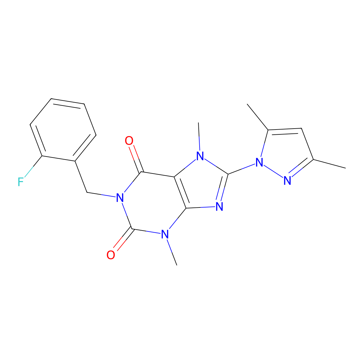 8-(3,5-dimethyl-1H-pyrazol-1-yl)-1-(2-fluorobenzyl)-3,7-dimethyl-1H-purine-2,6(3H,7H)-dione molecular structure, CAS 1014074-77-1