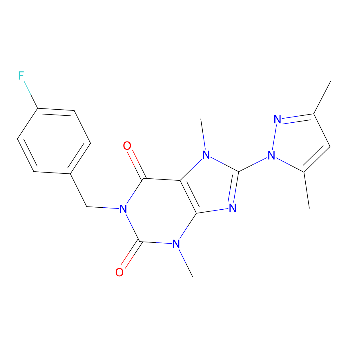 8-(3,5-dimethyl-1H-pyrazol-1-yl)-1-(4-fluorobenzyl)-3,7-dimethyl-1H-purine-2,6(3H,7H)-dione molecular structure, CAS 1014074-82-8