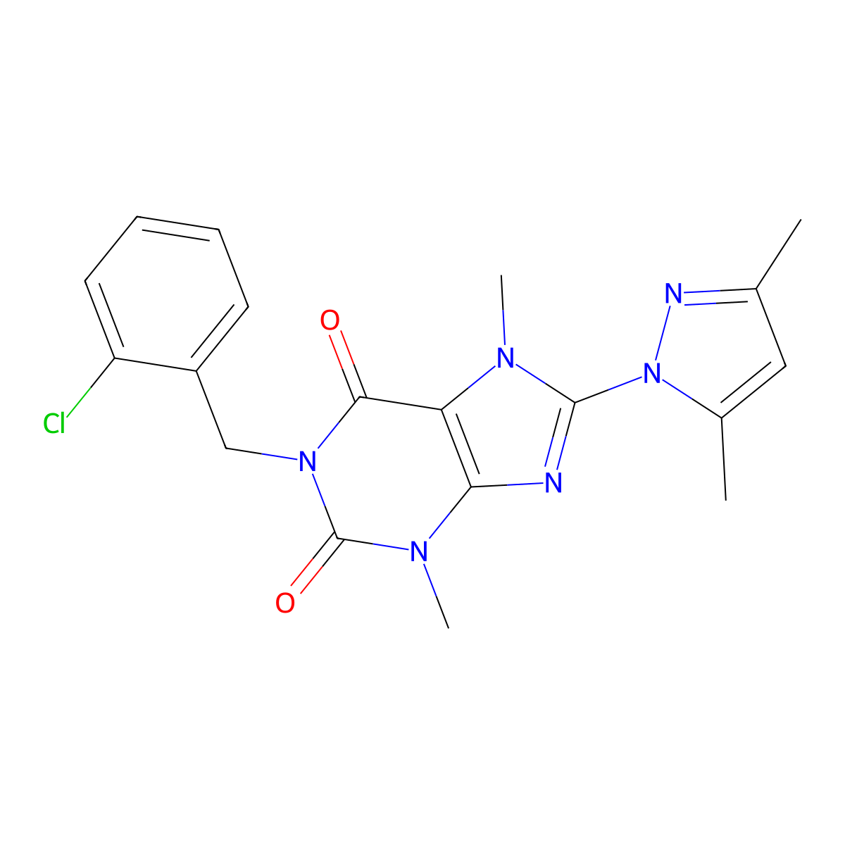 1-(2-chlorobenzyl)-8-(3,5-dimethyl-1H-pyrazol-1-yl)-3,7-dimethyl-1H-purine-2,6(3H,7H)-dione molecular structure, CAS 1014074-85-1