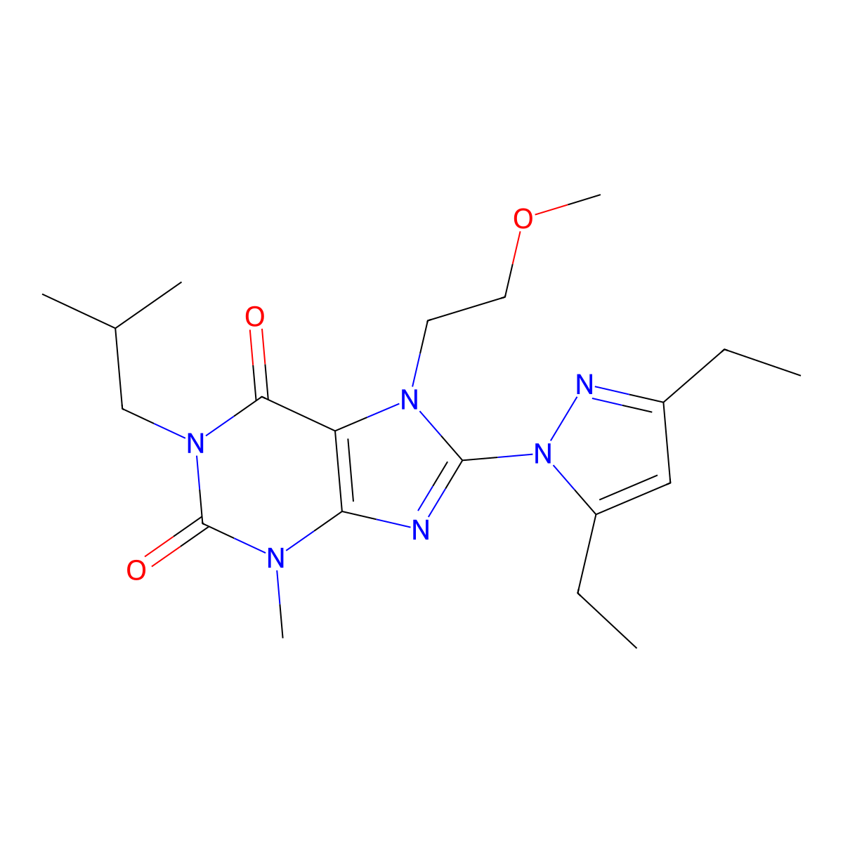 8-(3,5-diethyl-1H-pyrazol-1-yl)-1-isobutyl-7-(2-methoxyethyl)-3-methyl-1H-purine-2,6(3H,7H)-dione molecular structure, CAS 1014074-89-5