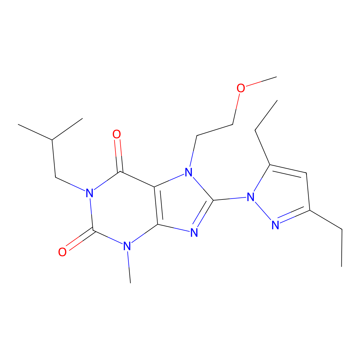 8-(3,5-diethyl-1H-pyrazol-1-yl)-1-isobutyl-7-(2-methoxyethyl)-3-methyl-1H-purine-2,6(3H,7H)-dione molecular structure, CAS 1014074-89-5
