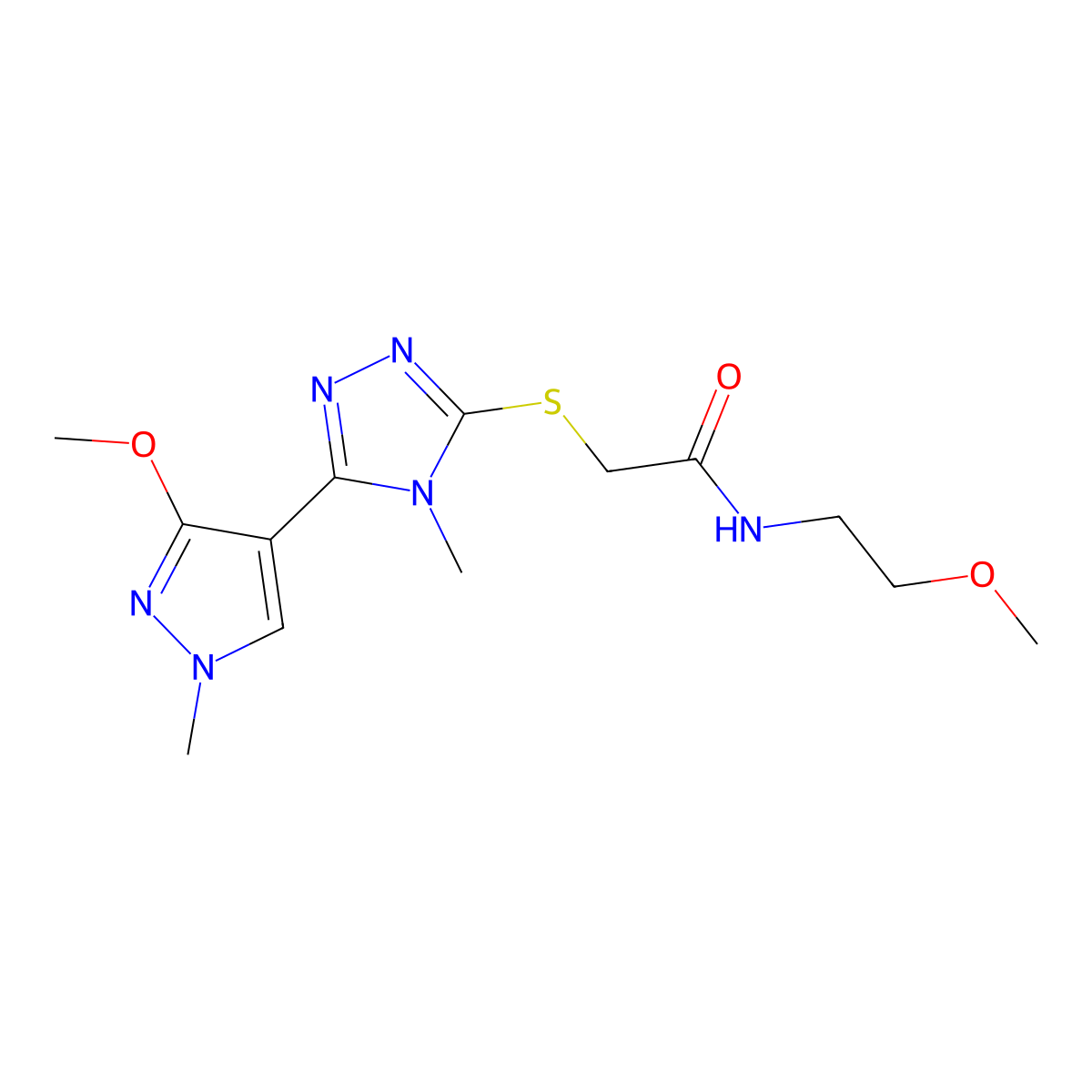 2-((5-(3-methoxy-1-methyl-1H-pyrazol-4-yl)-4-methyl-4H-1,2,4-triazol-3-yl)thio)-N-(2-methoxyethyl)acetamide molecular structure, CAS 1014074-92-0