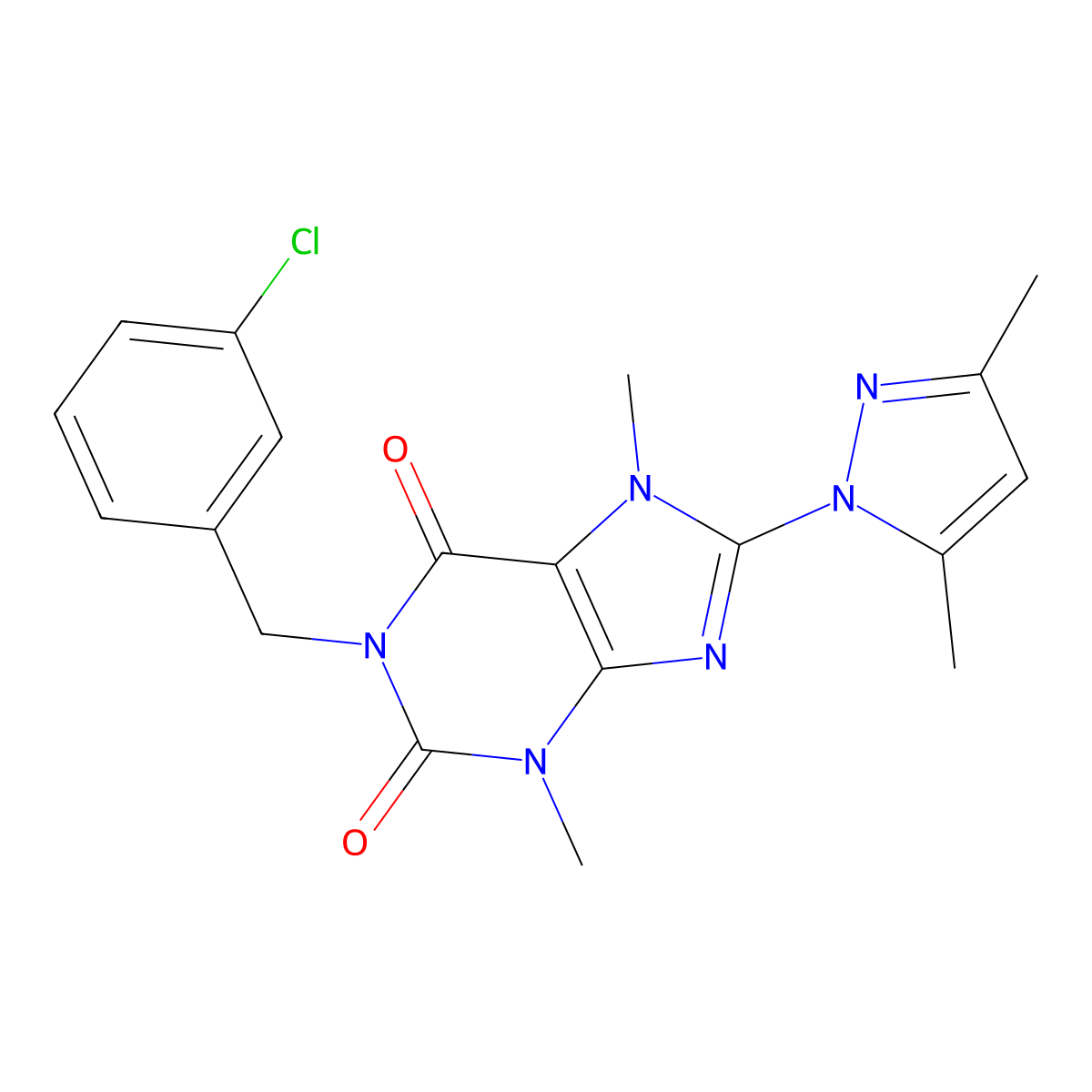 1-(3-chlorobenzyl)-8-(3,5-dimethyl-1H-pyrazol-1-yl)-3,7-dimethyl-1H-purine-2,6(3H,7H)-dione molecular structure, CAS 1014074-93-1