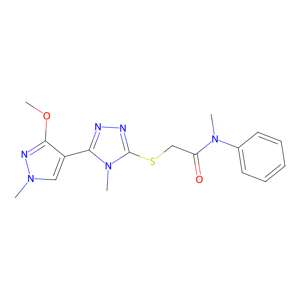 2-((5-(3-methoxy-1-methyl-1H-pyrazol-4-yl)-4-methyl-4H-1,2,4-triazol-3-yl)thio)-N-methyl-N-phenylacetamide molecular structure, CAS 1014074-99-7