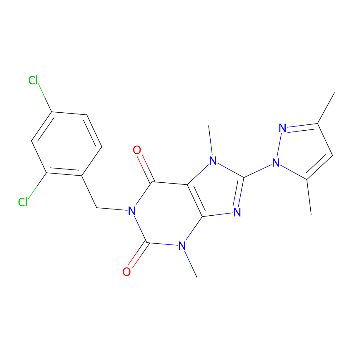 1-(2,4-dichlorobenzyl)-8-(3,5-dimethyl-1H-pyrazol-1-yl)-3,7-dimethyl-1H-purine-2,6(3H,7H)-dione molecular structure, CAS 1014075-02-5