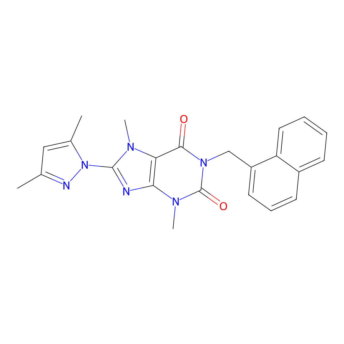 8-(3,5-dimethyl-1H-pyrazol-1-yl)-3,7-dimethyl-1-(naphthalen-1-ylmethyl)-1H-purine-2,6(3H,7H)-dione molecular structure, CAS 1014075-04-7