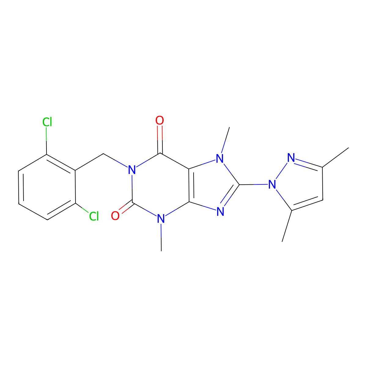1-(2,6-dichlorobenzyl)-8-(3,5-dimethyl-1H-pyrazol-1-yl)-3,7-dimethyl-1H-purine-2,6(3H,7H)-dione molecular structure, CAS 1014075-05-8