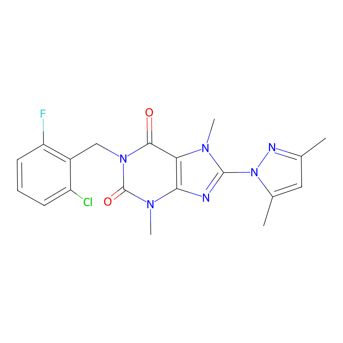 1-(2-chloro-6-fluorobenzyl)-8-(3,5-dimethyl-1H-pyrazol-1-yl)-3,7-dimethyl-1H-purine-2,6(3H,7H)-dione molecular structure, CAS 1014075-08-1