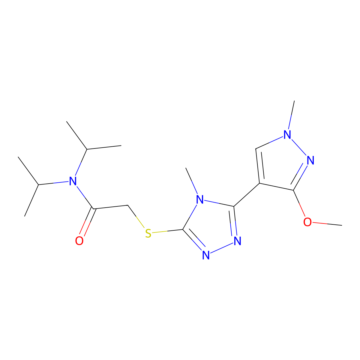 N,N-diisopropyl-2-((5-(3-methoxy-1-methyl-1H-pyrazol-4-yl)-4-methyl-4H-1,2,4-triazol-3-yl)thio)acetamide molecular structure, CAS 1014075-09-2