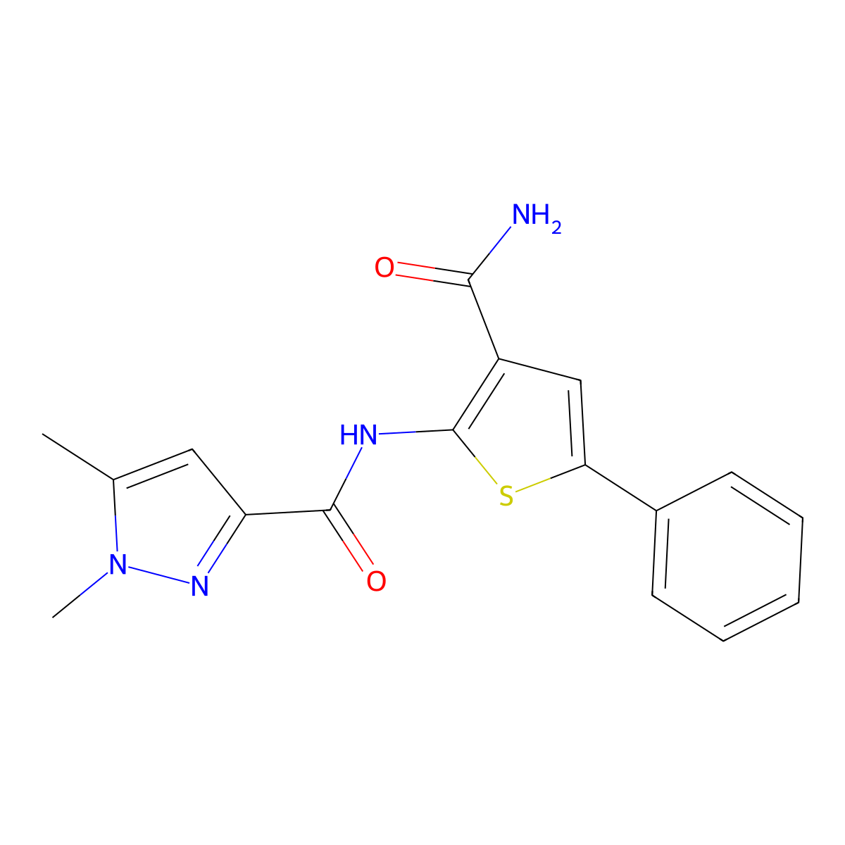 N-(3-carbamoyl-5-phenylthiophen-2-yl)-1,5-dimethyl-1H-pyrazole-3-carboxamide molecular structure, CAS 1014075-13-8