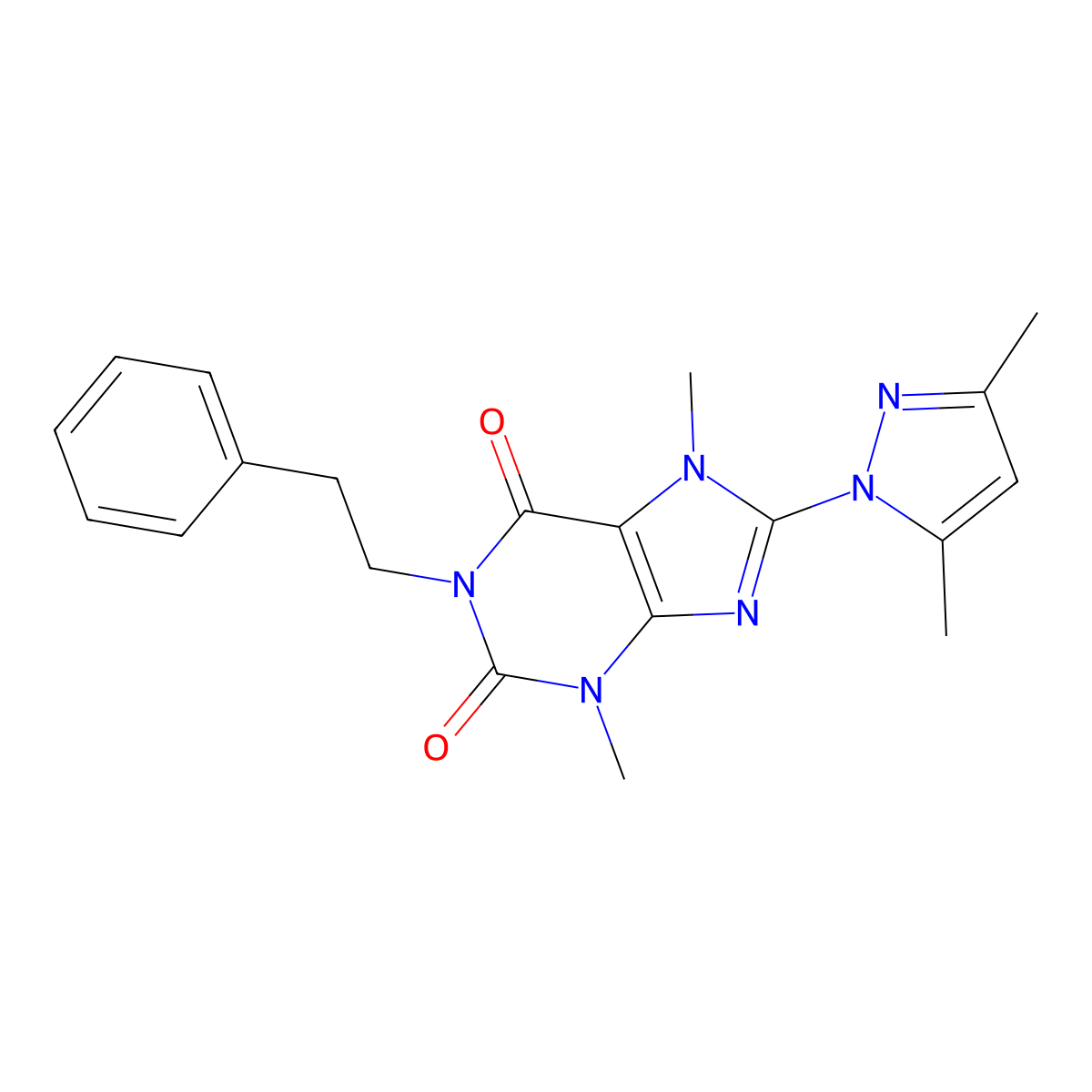 8-(3,5-dimethyl-1H-pyrazol-1-yl)-3,7-dimethyl-1-phenethyl-1H-purine-2,6(3H,7H)-dione molecular structure, CAS 1014075-17-2