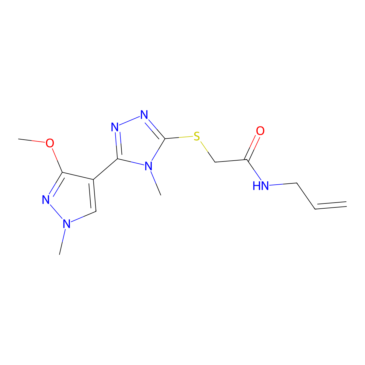 N-allyl-2-((5-(3-methoxy-1-methyl-1H-pyrazol-4-yl)-4-methyl-4H-1,2,4-triazol-3-yl)thio)acetamide molecular structure, CAS 1014075-18-3