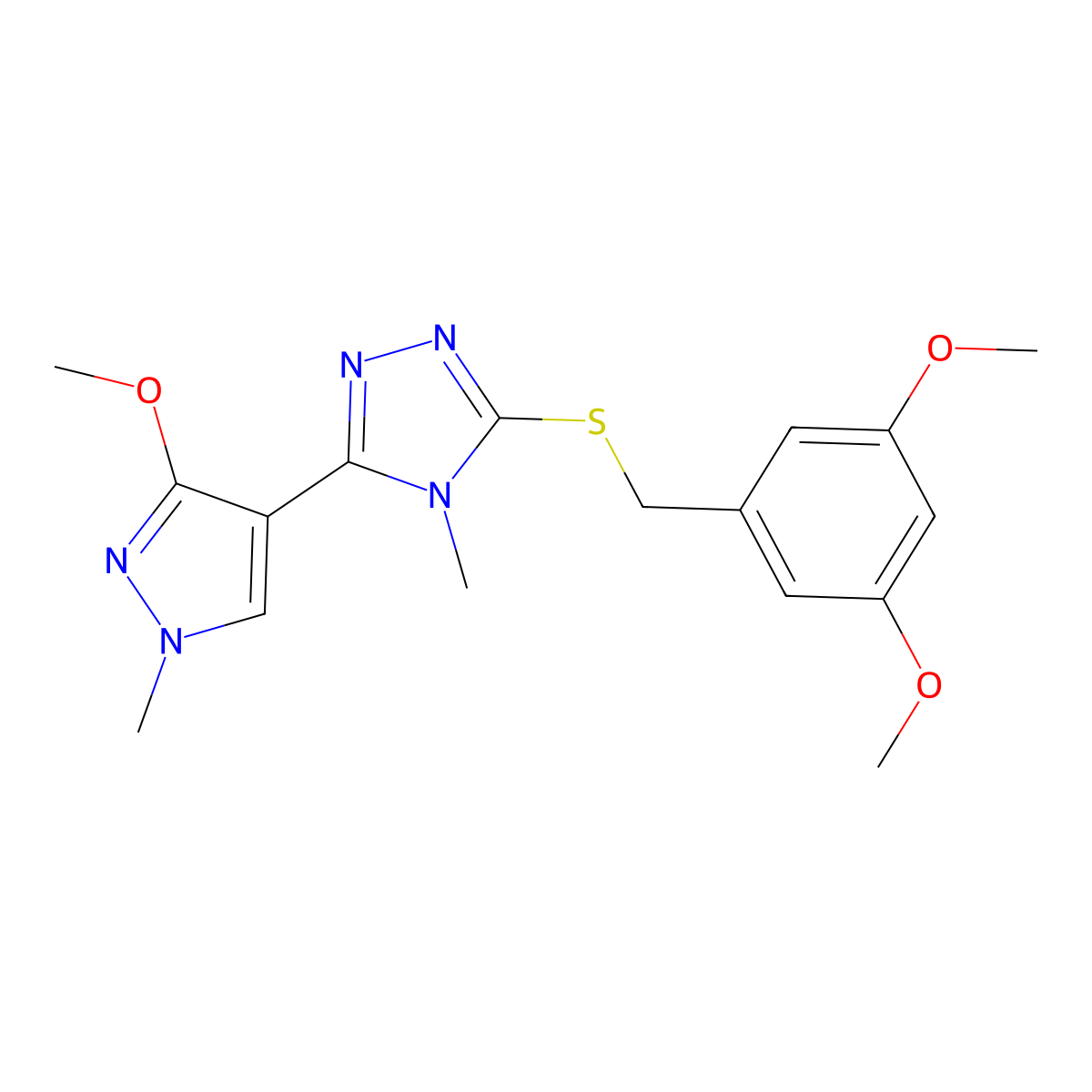 3-((3,5-dimethoxybenzyl)thio)-5-(3-methoxy-1-methyl-1H-pyrazol-4-yl)-4-methyl-4H-1,2,4-triazole molecular structure, CAS 1014075-22-9