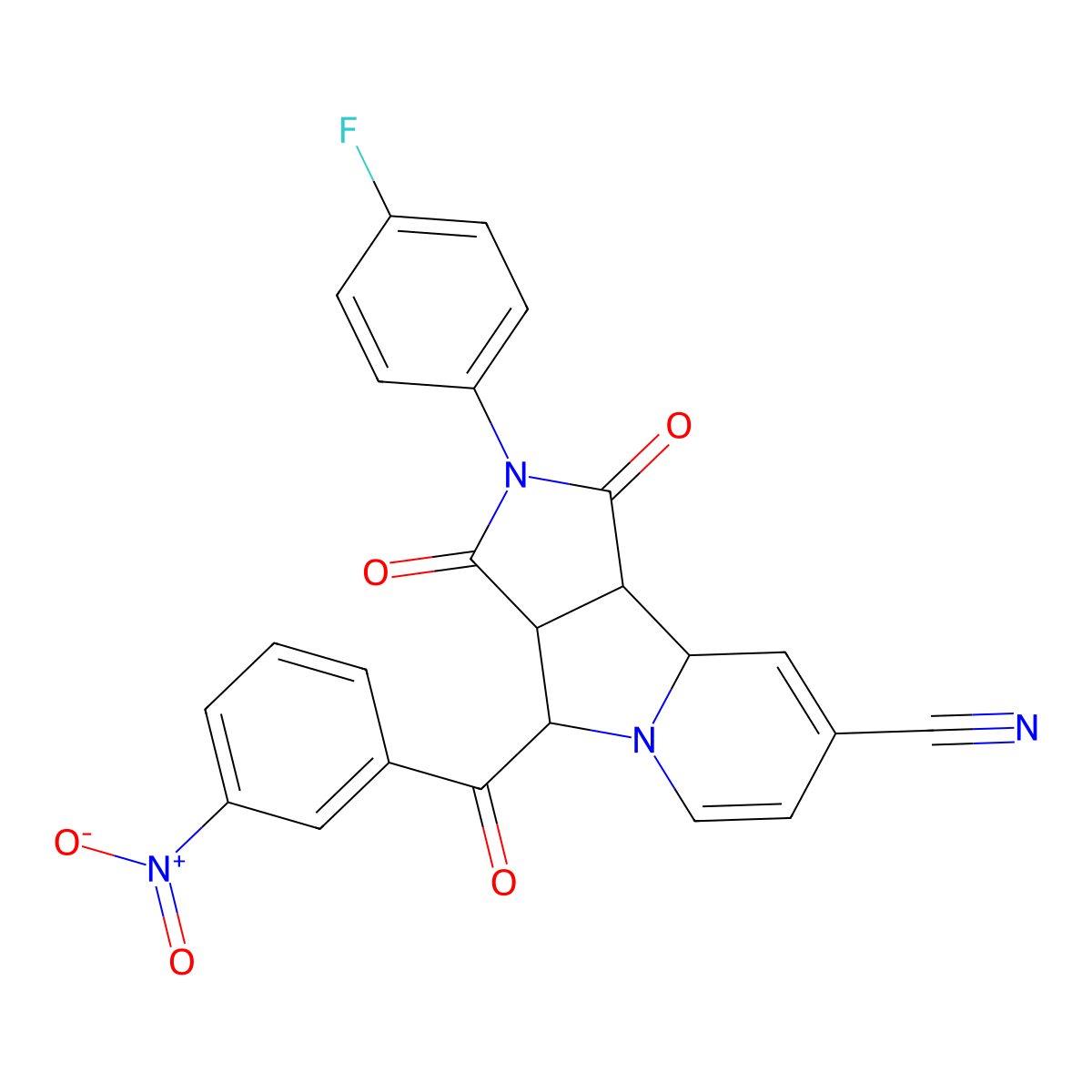 (3aS,4R,9aS,9bR)-2-(4-fluorophenyl)-4-[(3-nitrophenyl)carbonyl]-1,3-dioxo-2,3,3a,4,9a,9b-hexahydro-1H-pyrrolo[3,4-a]indolizine-8-carbonitrile molecular structure, CAS 1014080-61-5