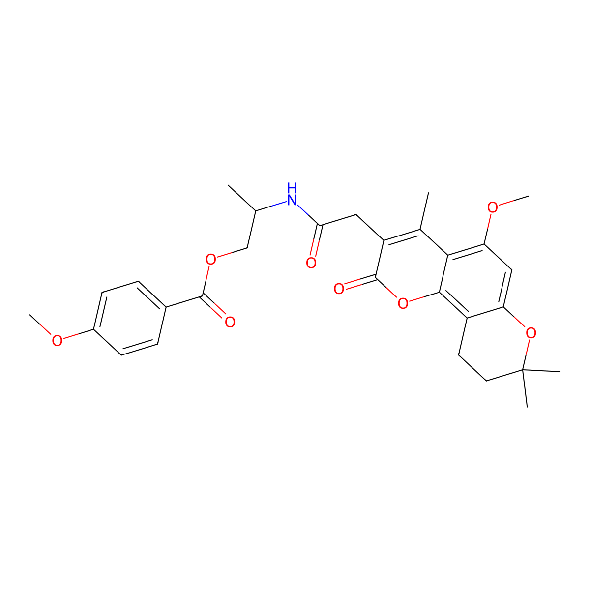 (2S)-2-{[(5-methoxy-4,8,8-trimethyl-2-oxo-9,10-dihydro-2H,8H-pyrano[2,3-f]chromen-3-yl)acetyl]amino}propyl 4-methoxybenzoate molecular structure, CAS 1014080-85-3