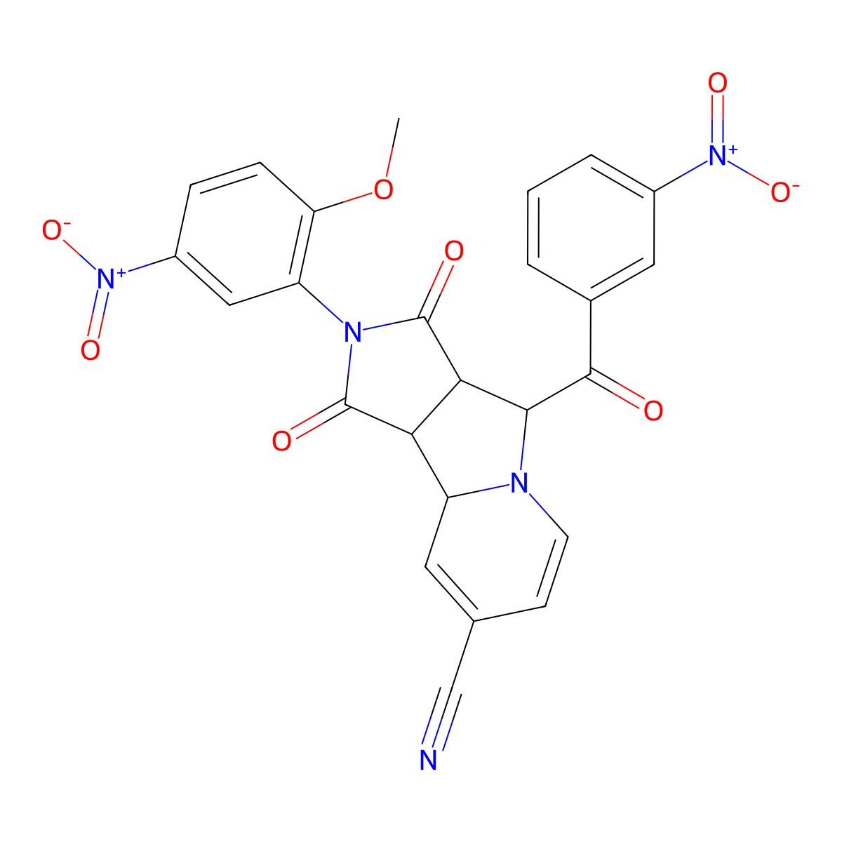(3aS,4R,9aS,9bR)-2-(2-methoxy-5-nitrophenyl)-4-[(3-nitrophenyl)carbonyl]-1,3-dioxo-2,3,3a,4,9a,9b-hexahydro-1H-pyrrolo[3,4-a]indolizine-8-carbonitrile molecular structure, CAS 1014080-90-0