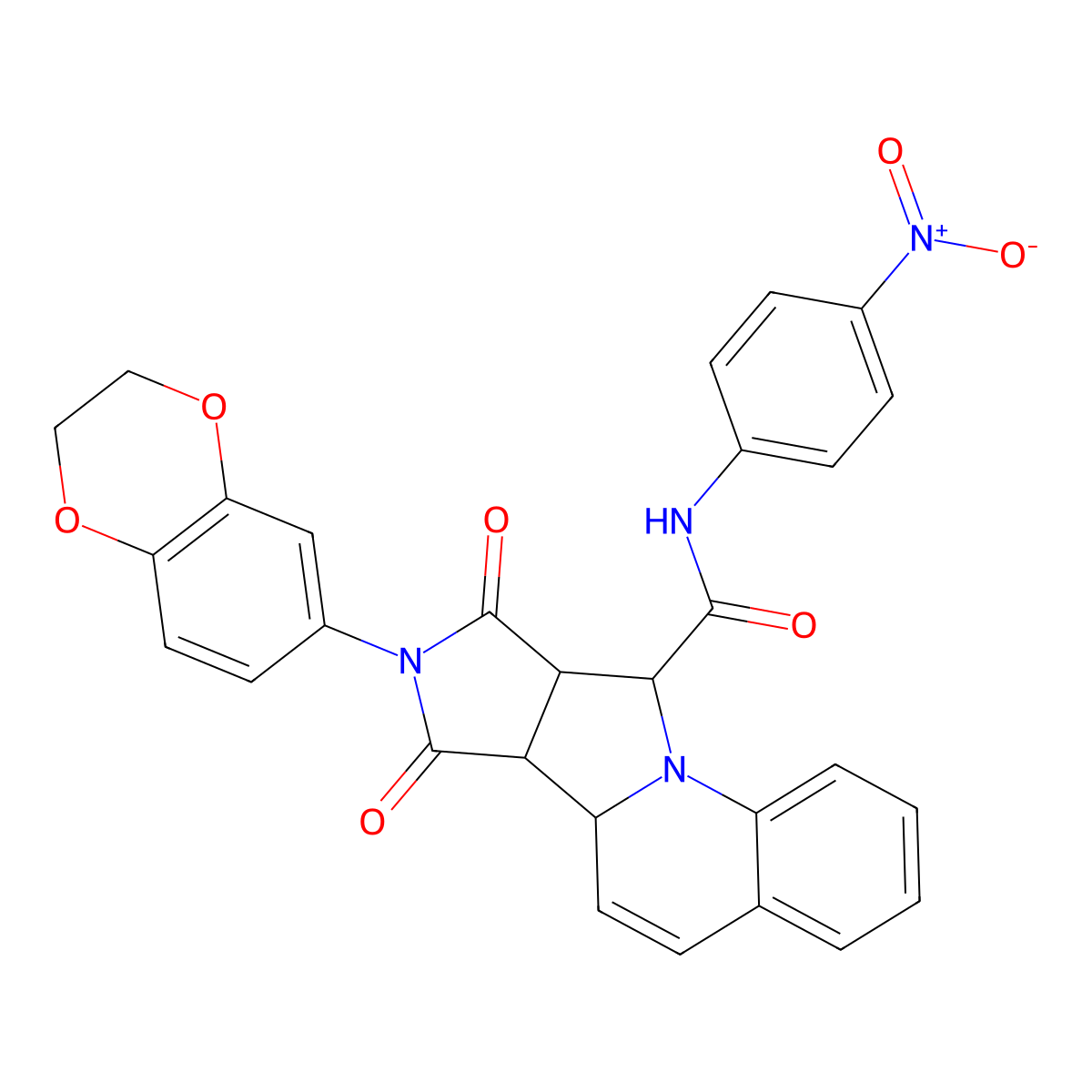 (10S,11R,15S,16R)-13-(2,3-dihydro-1,4-benzodioxin-6-yl)-N-(4-nitrophenyl)-12,14-dioxo-1,13-diazatetracyclo[8.6.0.02,7.011,15]hexadeca-2,4,6,8-tetraene-16-carboxamide molecular structure, CAS 1014081-38-9
