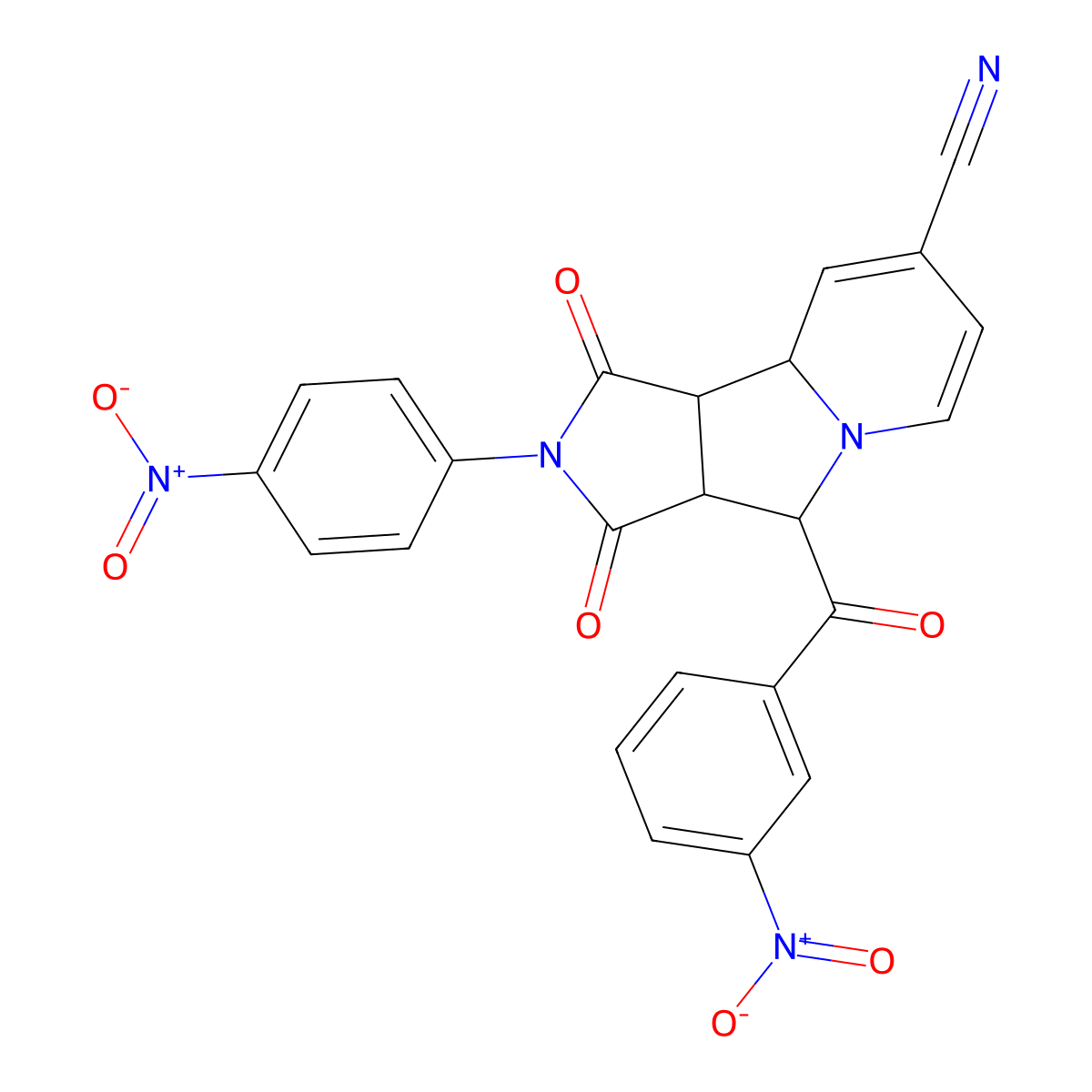 (3aS,4R,9aS,9bR)-2-(4-nitrophenyl)-4-[(3-nitrophenyl)carbonyl]-1,3-dioxo-2,3,3a,4,9a,9b-hexahydro-1H-pyrrolo[3,4-a]indolizine-8-carbonitrile molecular structure, CAS 1014081-73-2