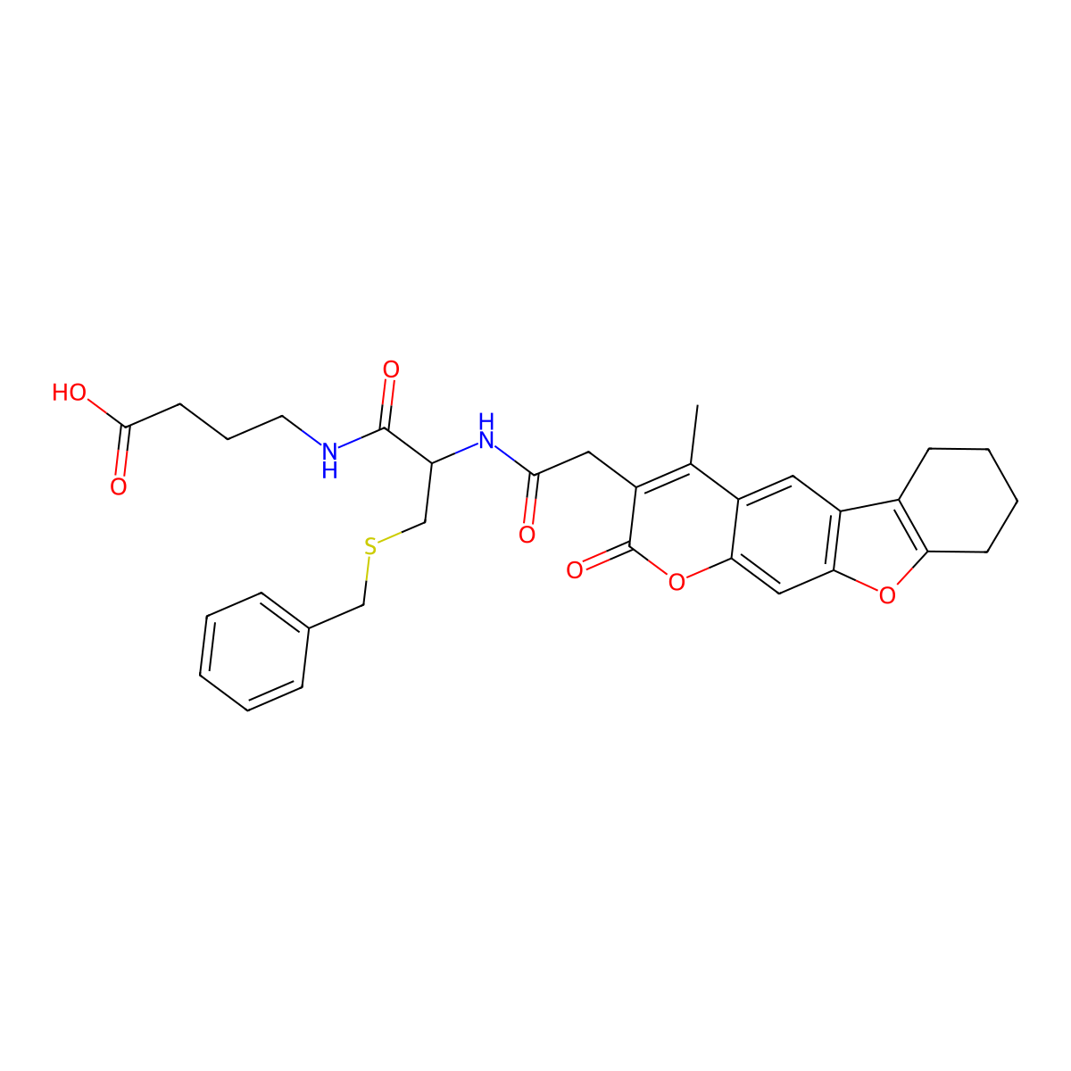 4-({S-benzyl-N-[(4-methyl-2-oxo-6,7,8,9-tetrahydro-2H-[1]benzofuro[3,2-g]chromen-3-yl)acetyl]-D-cysteinyl}amino)butanoic acid molecular structure, CAS 1014084-05-9
