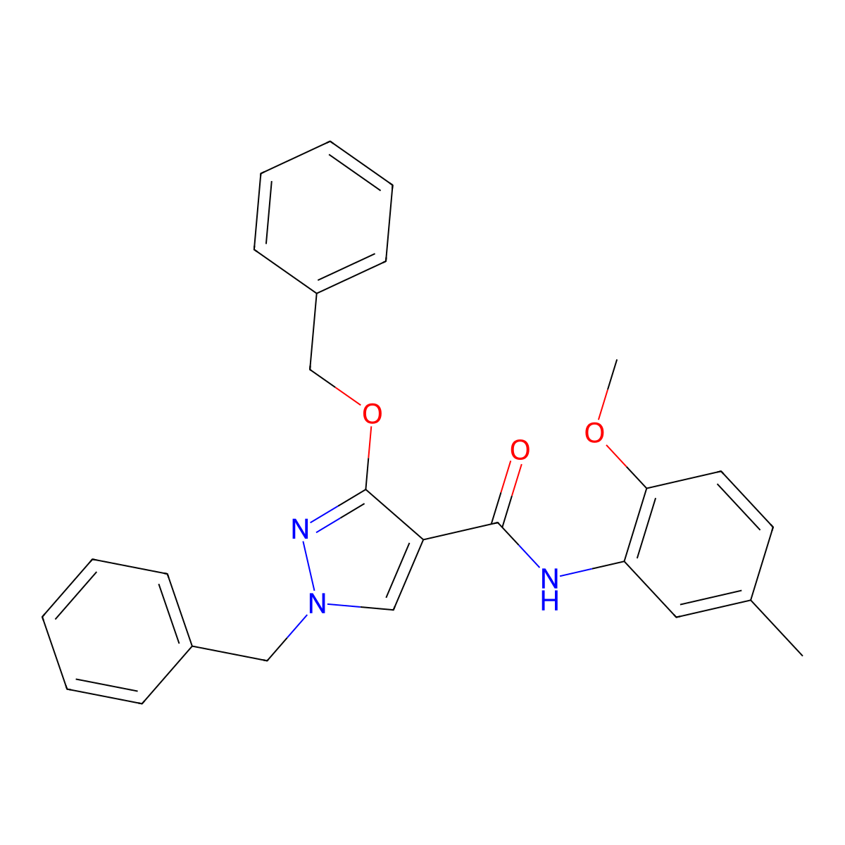 1-benzyl-3-(benzyloxy)-N-(2-methoxy-5-methylphenyl)-1H-pyrazole-4-carboxamide molecular structure, CAS 1014087-56-9
