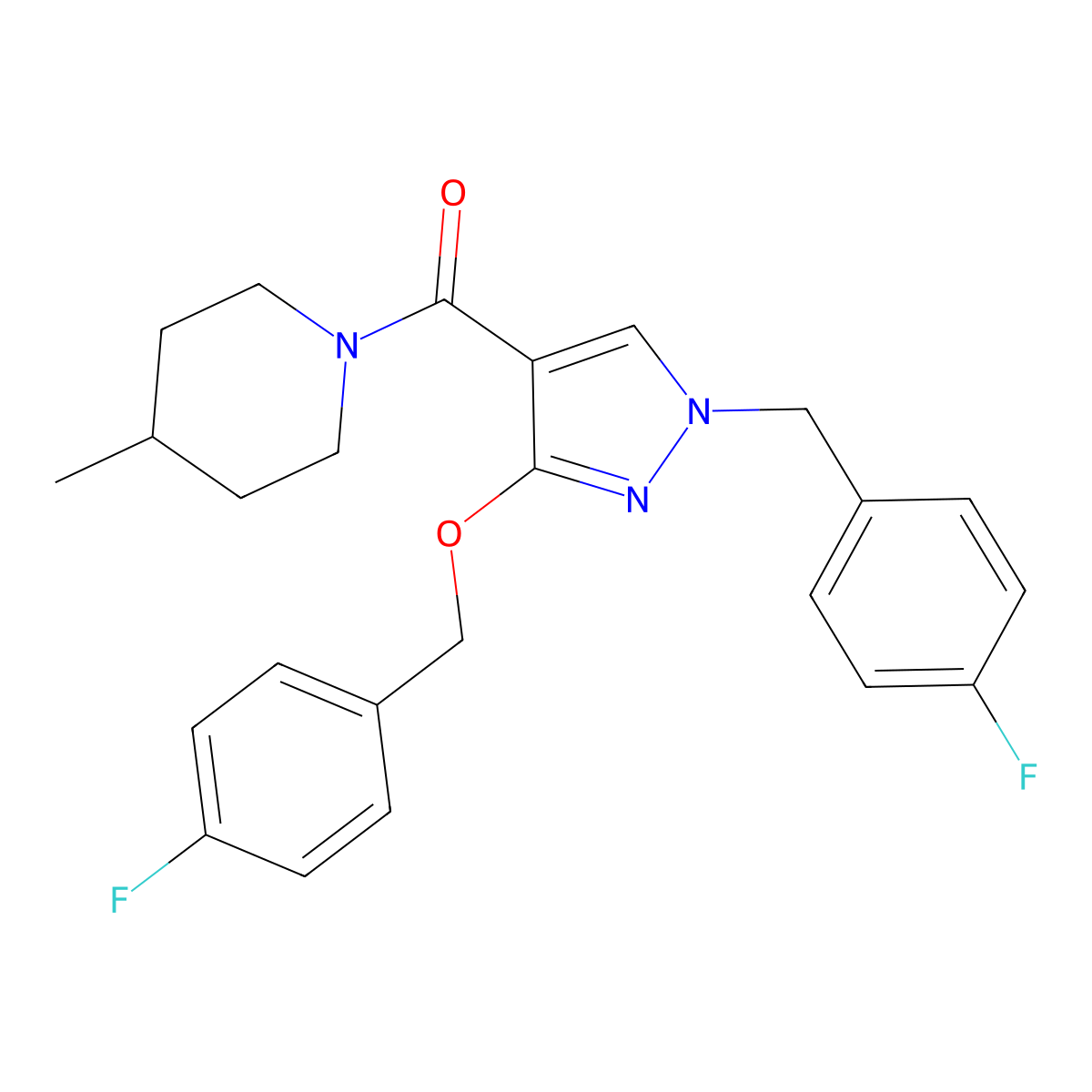 (1-(4-fluorobenzyl)-3-((4-fluorobenzyl)oxy)-1H-pyrazol-4-yl)(4-methylpiperidin-1-yl)methanone molecular structure, CAS 1014087-58-1