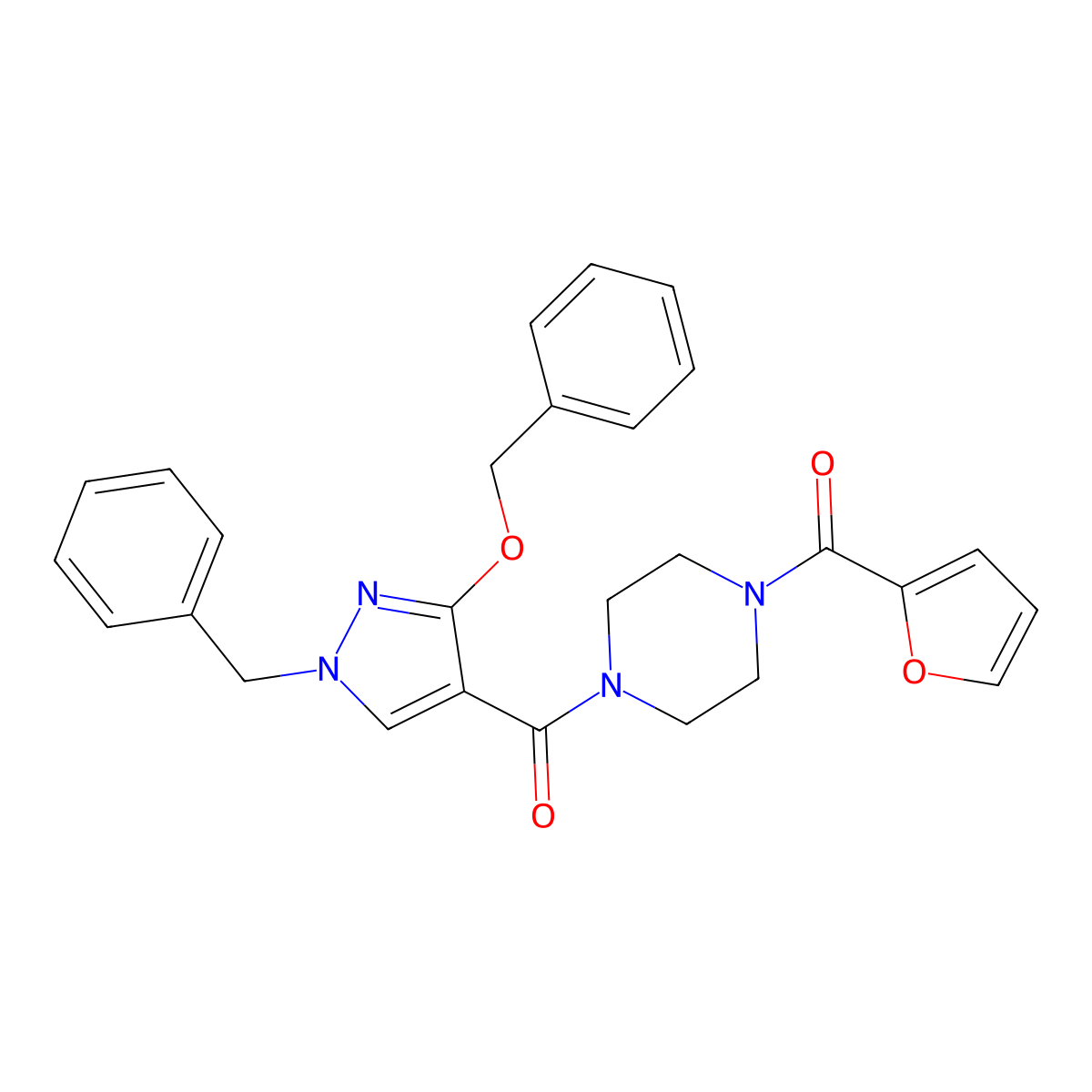 (1-benzyl-3-(benzyloxy)-1H-pyrazol-4-yl)(4-(furan-2-carbonyl)piperazin-1-yl)methanone molecular structure, CAS 1014087-59-2