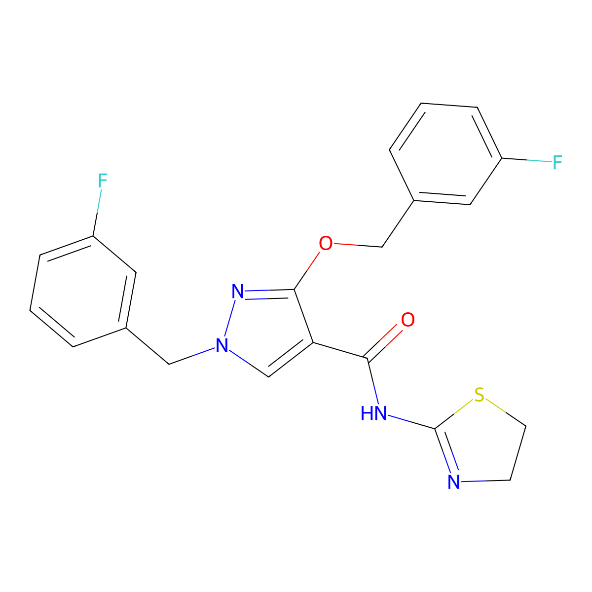 N-(4,5-dihydrothiazol-2-yl)-1-(3-fluorobenzyl)-3-((3-fluorobenzyl)oxy)-1H-pyrazole-4-carboxamide molecular structure, CAS 1014087-63-8