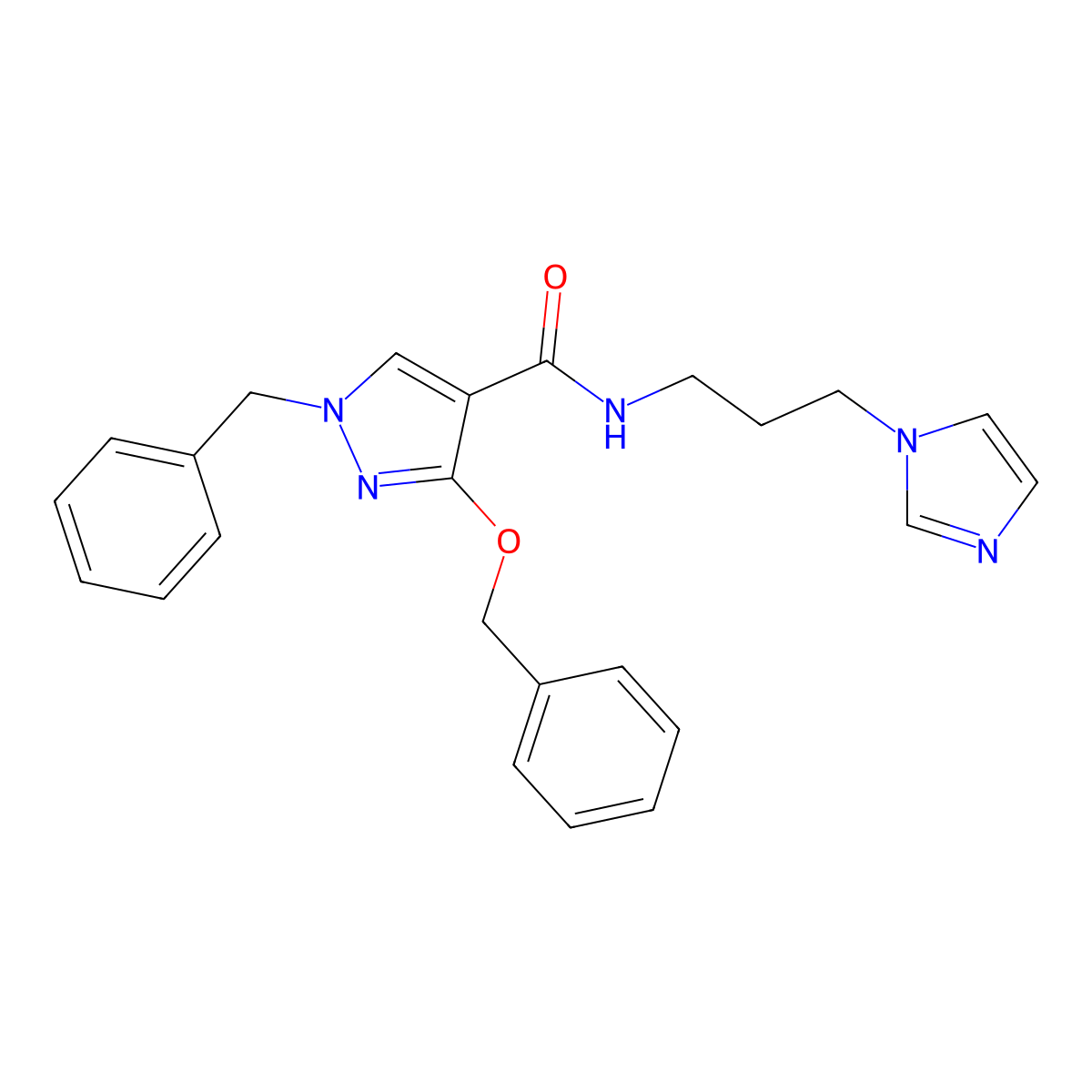 N-(3-(1H-imidazol-1-yl)propyl)-1-benzyl-3-(benzyloxy)-1H-pyrazole-4-carboxamide molecular structure, CAS 1014087-70-7