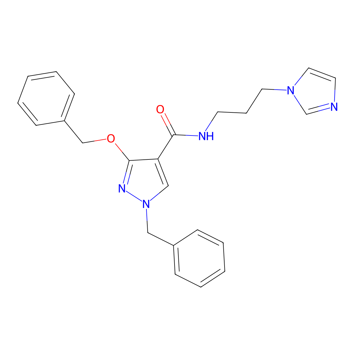 N-(3-(1H-imidazol-1-yl)propyl)-1-benzyl-3-(benzyloxy)-1H-pyrazole-4-carboxamide molecular structure, CAS 1014087-70-7