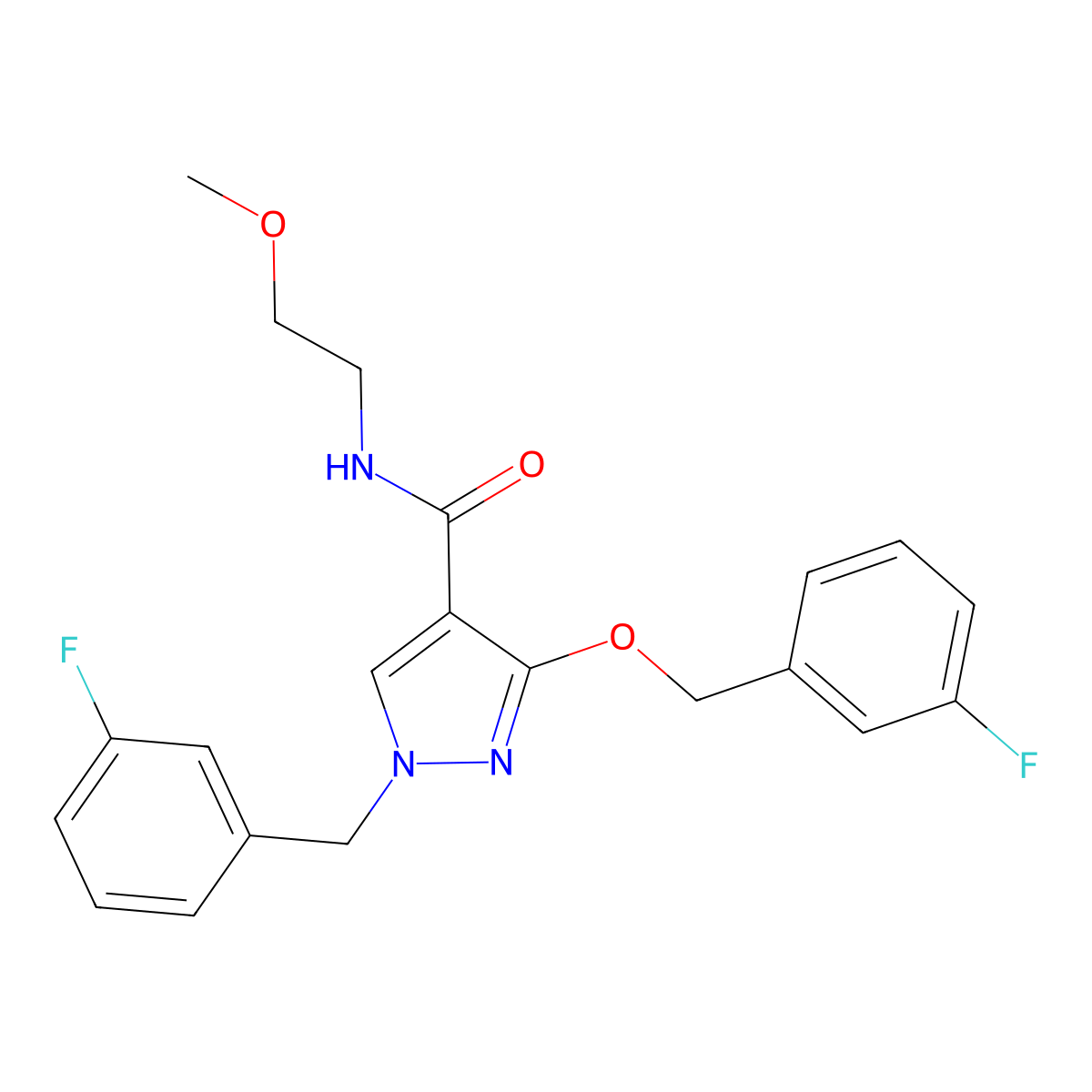 1-(3-fluorobenzyl)-3-((3-fluorobenzyl)oxy)-N-(2-methoxyethyl)-1H-pyrazole-4-carboxamide molecular structure, CAS 1014087-95-6