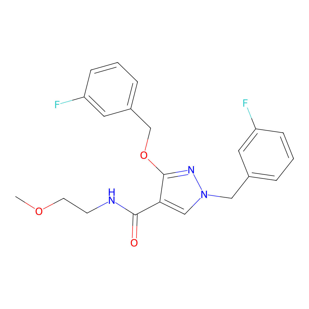 1-(3-fluorobenzyl)-3-((3-fluorobenzyl)oxy)-N-(2-methoxyethyl)-1H-pyrazole-4-carboxamide molecular structure, CAS 1014087-95-6