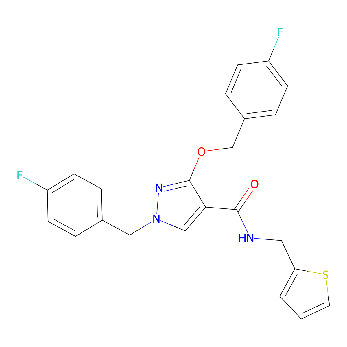 1-(4-fluorobenzyl)-3-((4-fluorobenzyl)oxy)-N-(thiophen-2-ylmethyl)-1H-pyrazole-4-carboxamide molecular structure, CAS 1014088-23-3