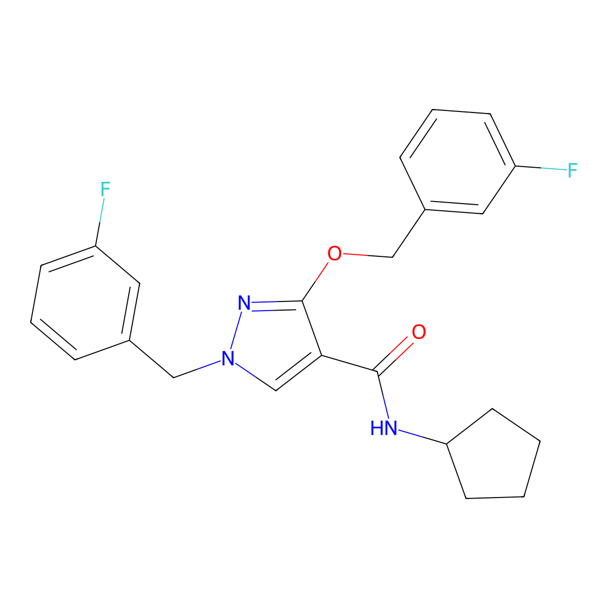 N-cyclopentyl-1-(3-fluorobenzyl)-3-((3-fluorobenzyl)oxy)-1H-pyrazole-4-carboxamide molecular structure, CAS 1014088-39-1