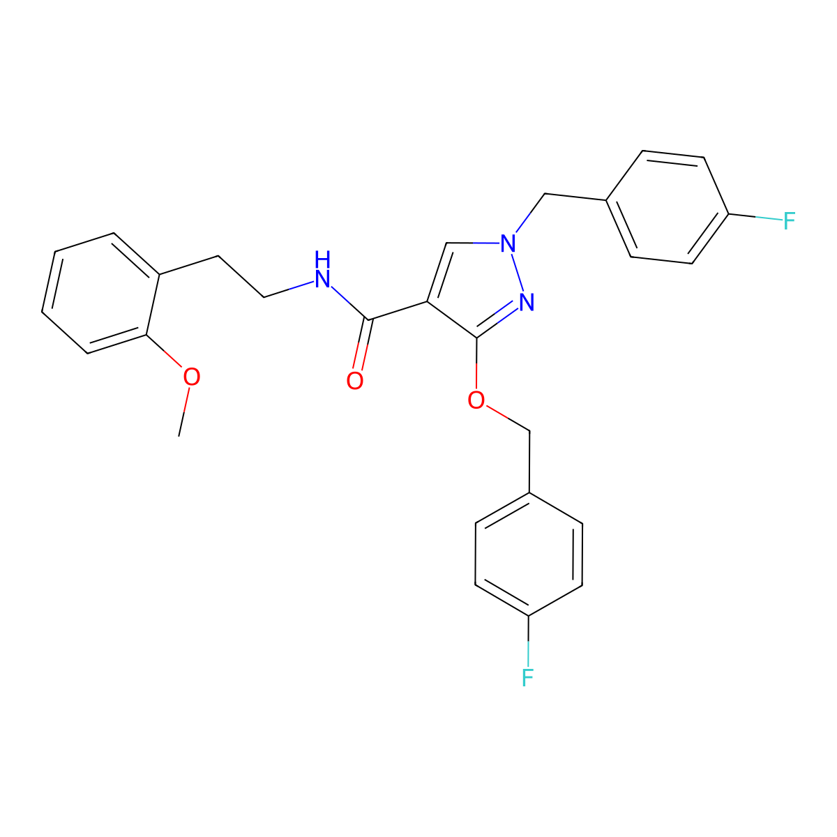 1-(4-fluorobenzyl)-3-((4-fluorobenzyl)oxy)-N-(2-methoxyphenethyl)-1H-pyrazole-4-carboxamide molecular structure, CAS 1014088-42-6