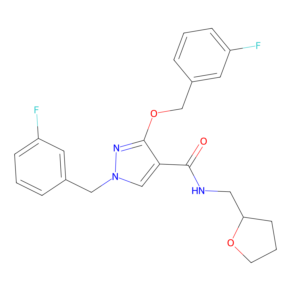 1-(3-fluorobenzyl)-3-((3-fluorobenzyl)oxy)-N-((tetrahydrofuran-2-yl)methyl)-1H-pyrazole-4-carboxamide molecular structure, CAS 1014088-61-9