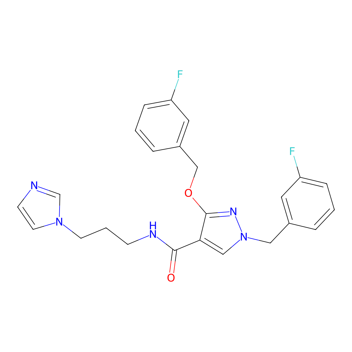 N-(3-(1H-imidazol-1-yl)propyl)-1-(3-fluorobenzyl)-3-((3-fluorobenzyl)oxy)-1H-pyrazole-4-carboxamide molecular structure, CAS 1014088-94-8