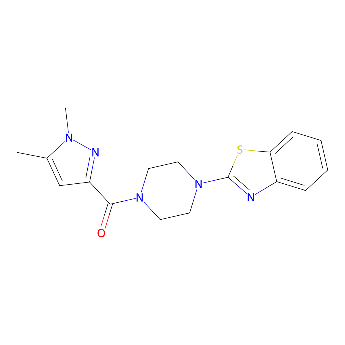 2-[4-(1,5-dimethyl-1H-pyrazole-3-carbonyl)piperazin-1-yl]-1,3-benzothiazole molecular structure, CAS 1014090-10-8