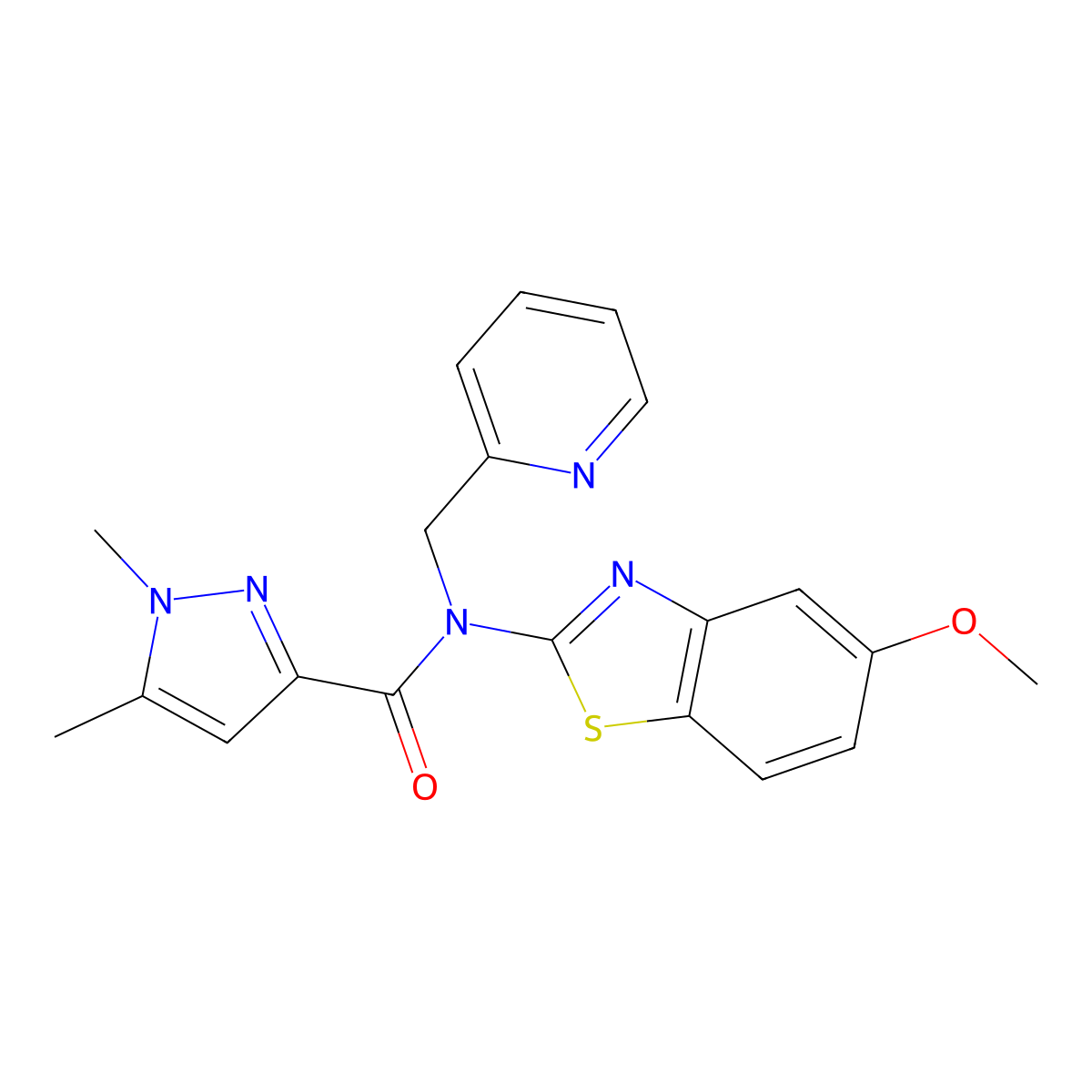 N-(5-methoxybenzo[d]thiazol-2-yl)-1,5-dimethyl-N-(pyridin-2-ylmethyl)-1H-pyrazole-3-carboxamide molecular structure, CAS 1014090-36-8