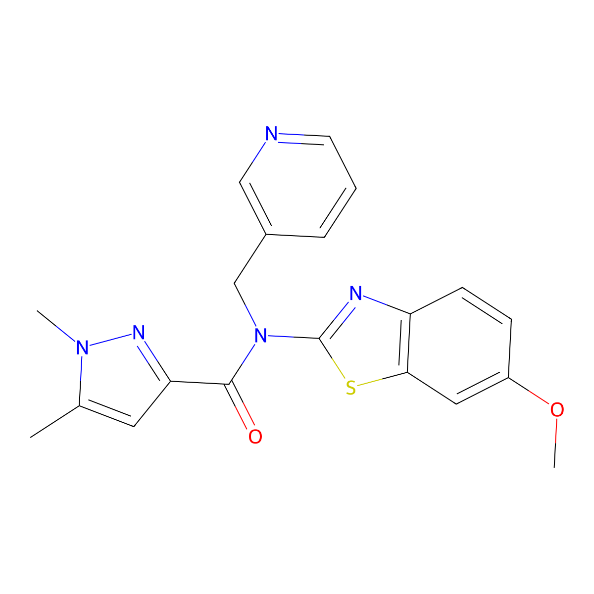 N-(6-methoxybenzo[d]thiazol-2-yl)-1,5-dimethyl-N-(pyridin-3-ylmethyl)-1H-pyrazole-3-carboxamide molecular structure, CAS 1014090-38-0
