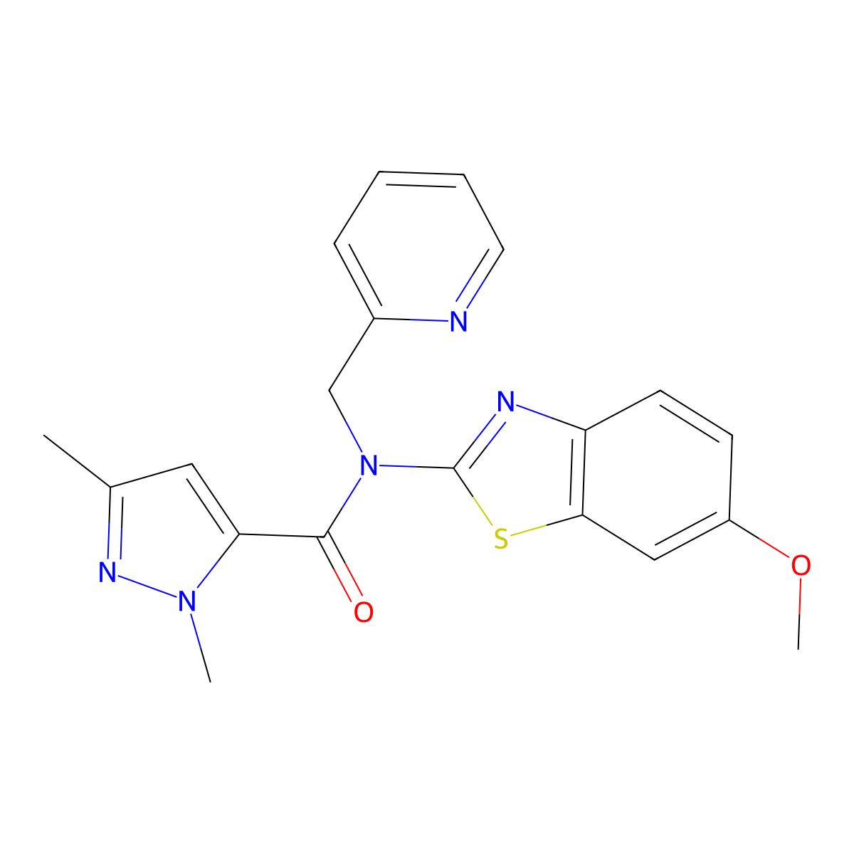 N-(6-methoxybenzo[d]thiazol-2-yl)-1,3-dimethyl-N-(pyridin-2-ylmethyl)-1H-pyrazole-5-carboxamide molecular structure, CAS 1014090-40-4