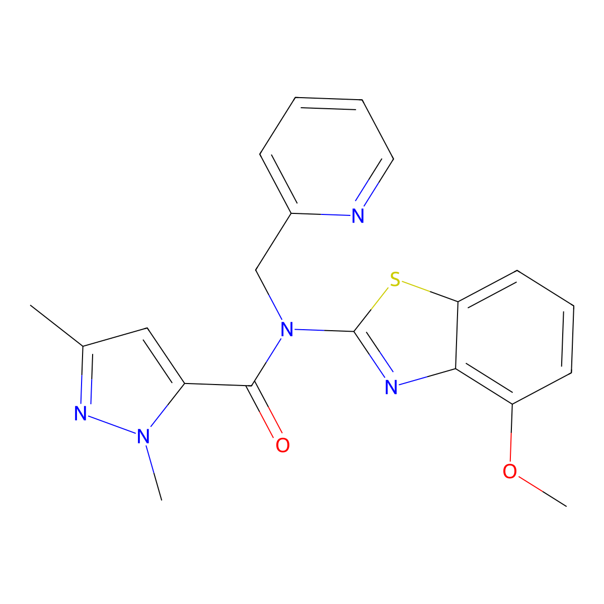 N-(4-methoxy-1,3-benzothiazol-2-yl)-1,3-dimethyl-N-[(pyridin-2-yl)methyl]-1H-pyrazole-5-carboxamide molecular structure, CAS 1014090-42-6