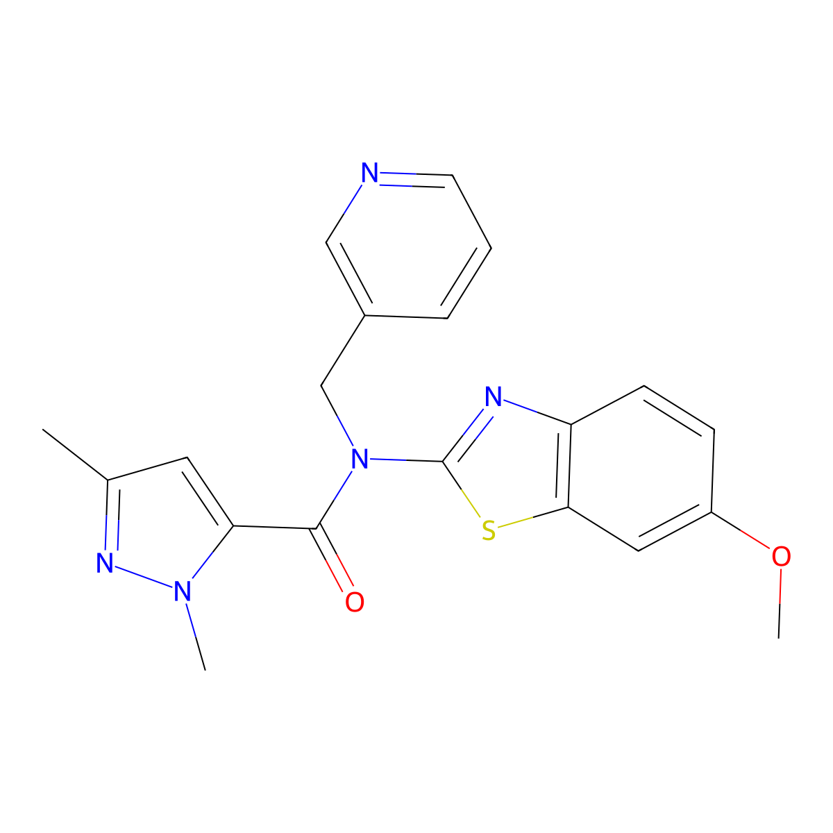 N-(6-methoxybenzo[d]thiazol-2-yl)-1,3-dimethyl-N-(pyridin-3-ylmethyl)-1H-pyrazole-5-carboxamide molecular structure, CAS 1014090-48-2