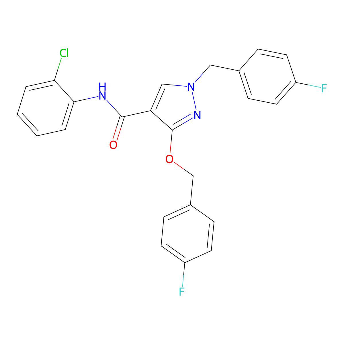 N-(2-chlorophenyl)-1-(4-fluorobenzyl)-3-((4-fluorobenzyl)oxy)-1H-pyrazole-4-carboxamide molecular structure, CAS 1014090-75-5