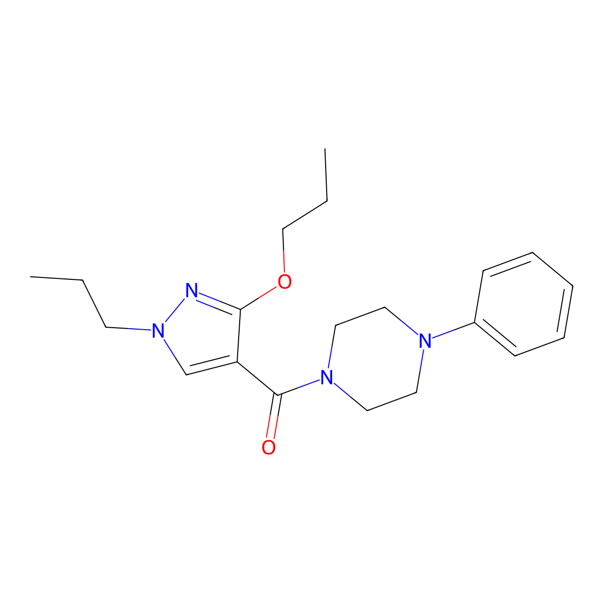 (4-phenylpiperazin-1-yl)(3-propoxy-1-propyl-1H-pyrazol-4-yl)methanone molecular structure, CAS 1014091-17-8