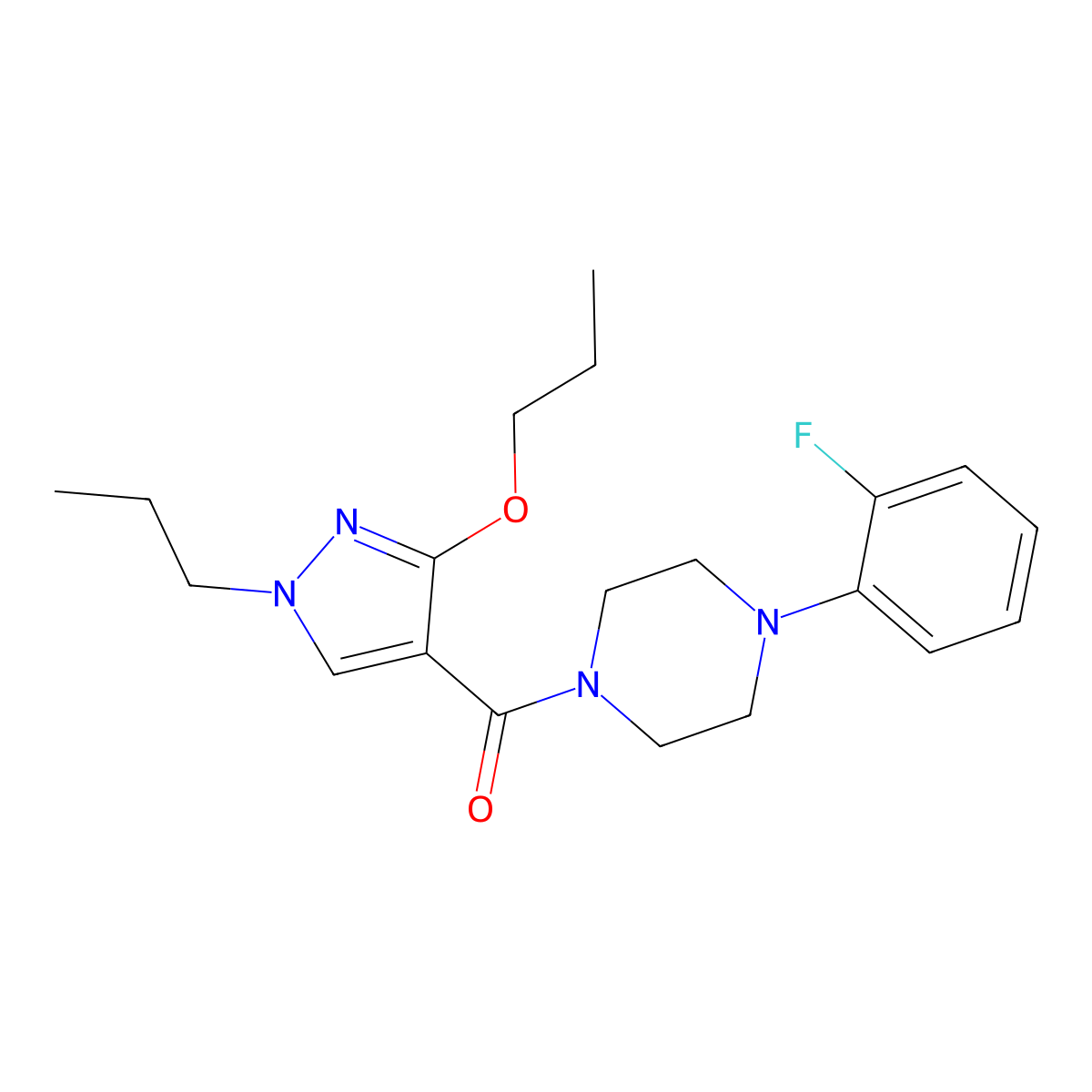 (4-(2-fluorophenyl)piperazin-1-yl)(3-propoxy-1-propyl-1H-pyrazol-4-yl)methanone molecular structure, CAS 1014091-68-9