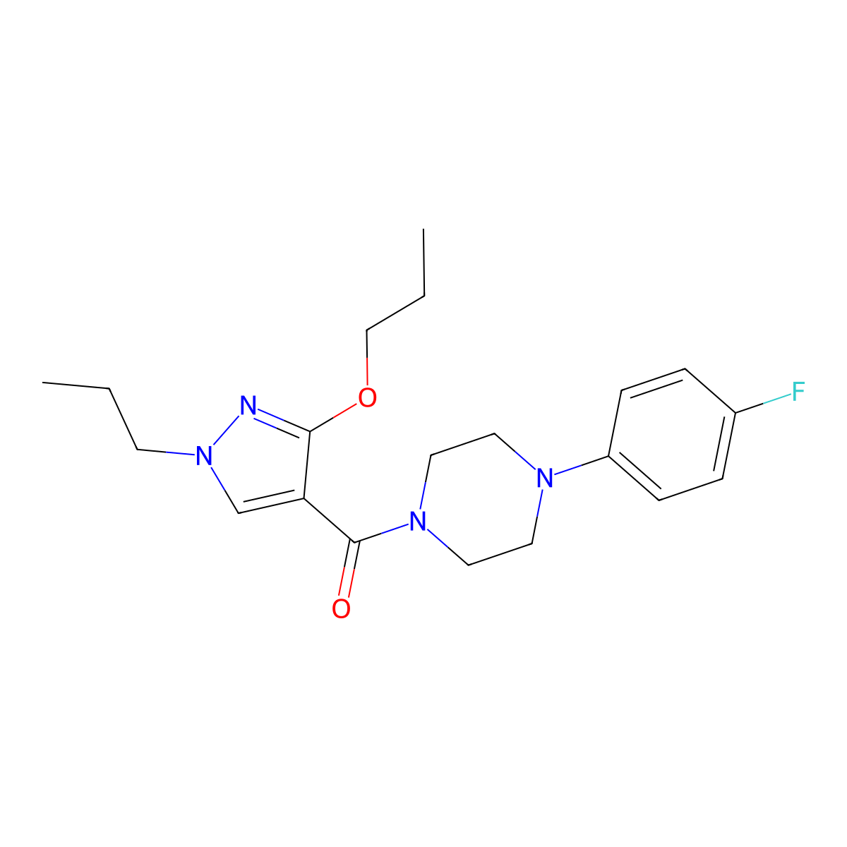 (4-(4-fluorophenyl)piperazin-1-yl)(3-propoxy-1-propyl-1H-pyrazol-4-yl)methanone molecular structure, CAS 1014091-78-1