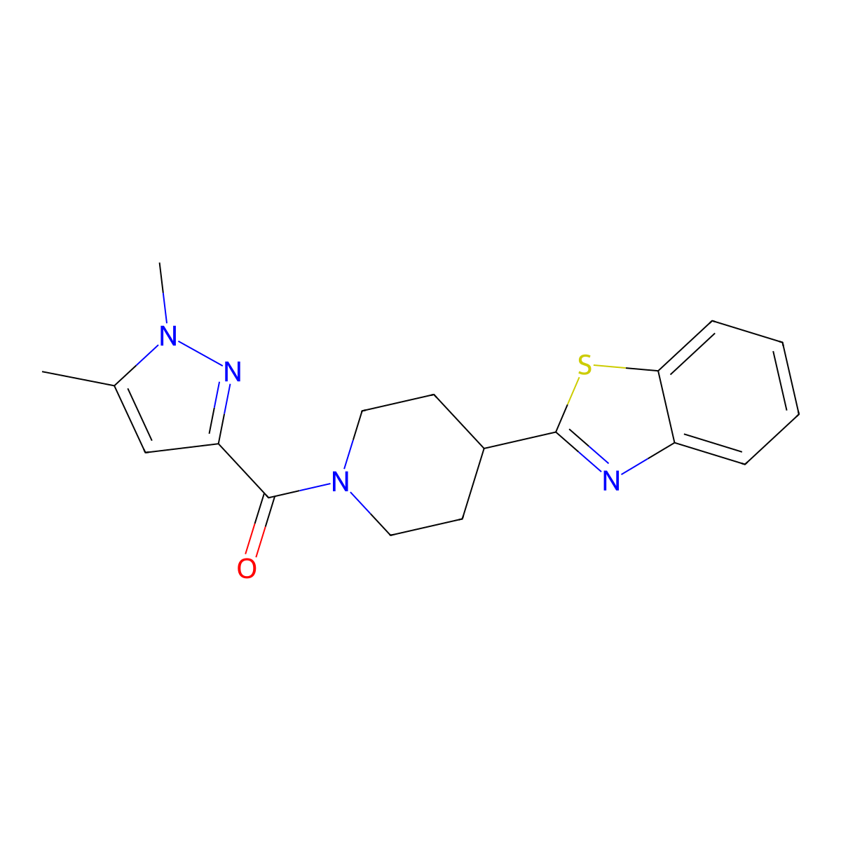 (4-(benzo[d]thiazol-2-yl)piperidin-1-yl)(1,5-dimethyl-1H-pyrazol-3-yl)methanone molecular structure, CAS 1014091-98-5