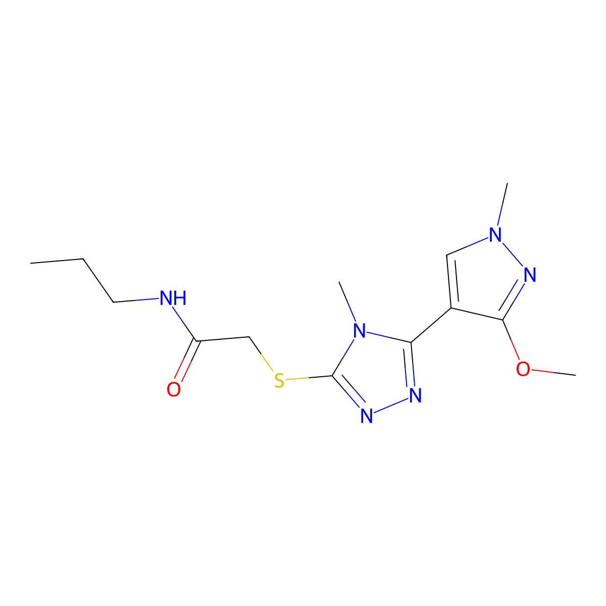 2-((5-(3-methoxy-1-methyl-1H-pyrazol-4-yl)-4-methyl-4H-1,2,4-triazol-3-yl)thio)-N-propylacetamide molecular structure, CAS 1014092-06-8